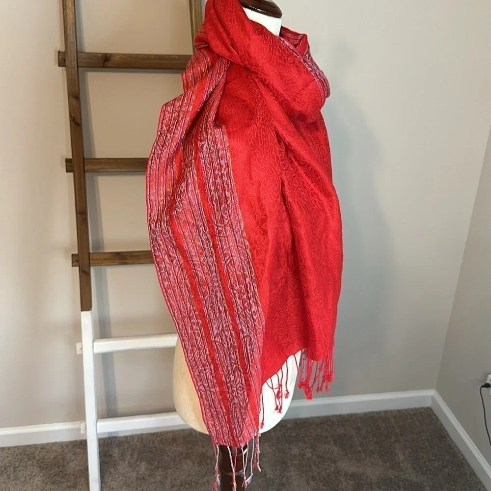 Soft Red Scarf with Striping and Fringe- Viscose and Acrylic Blend